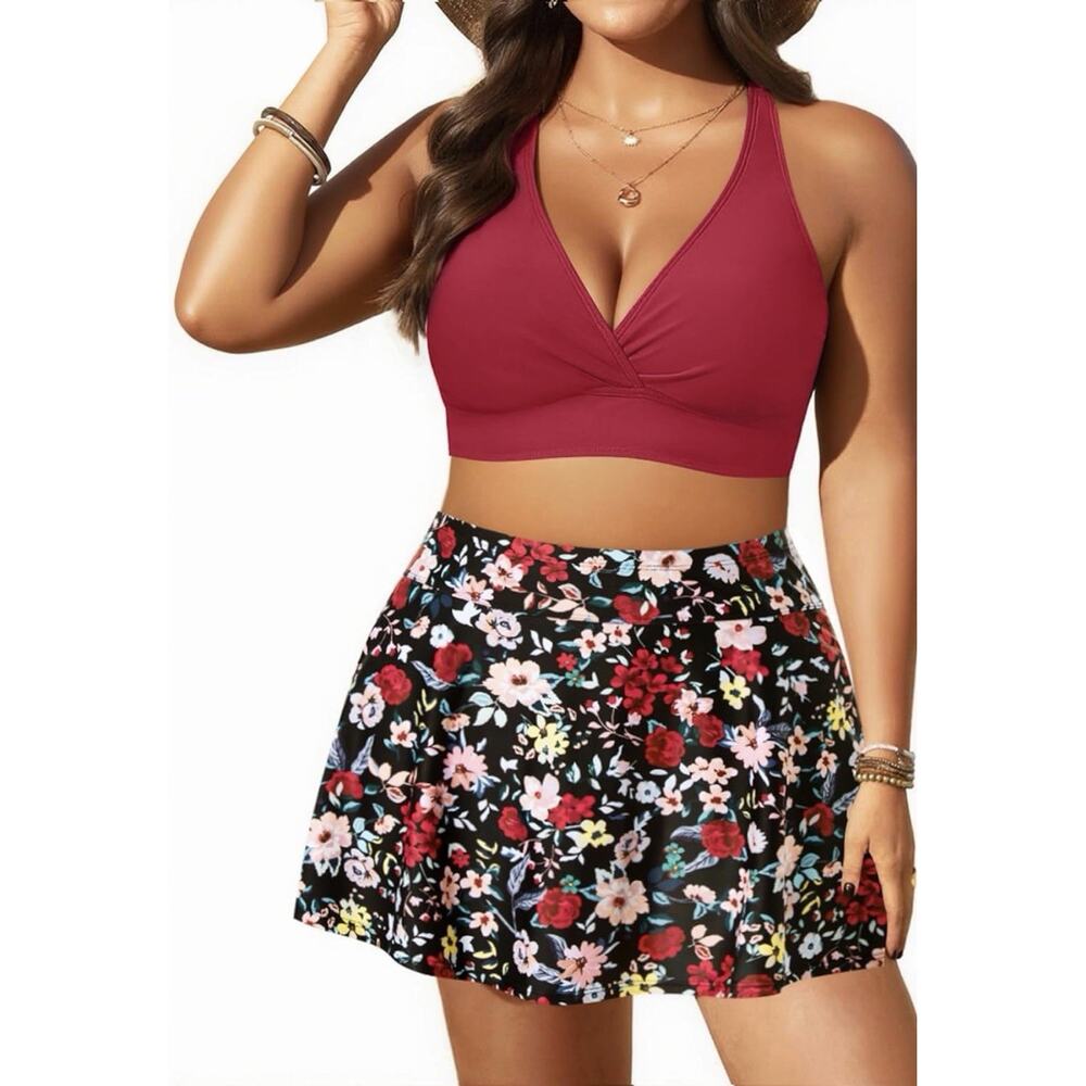 Yonique High Waisted Bikini - Two Piece Swimsuit with Skirt Red Floral Womens 20